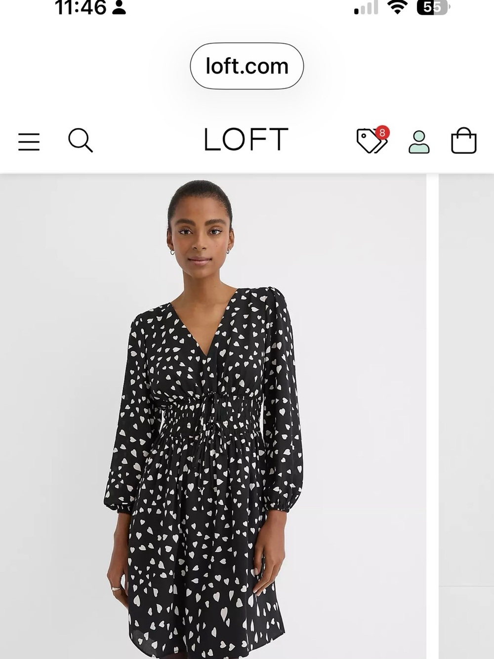 LOFT Black & White Heart-Print V-Neck Smocked-Waist Mini Dress